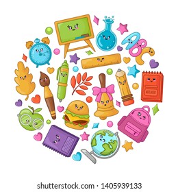 Set of kawaii school supplies in round composition, back to school and learning concept, cute cartoon characters - book, pencil, backpack, brush, alphabet, alarm clock. vector flat illustration