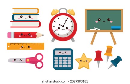 Set of kawaii school supplies stationery. Flat vector cartoon design