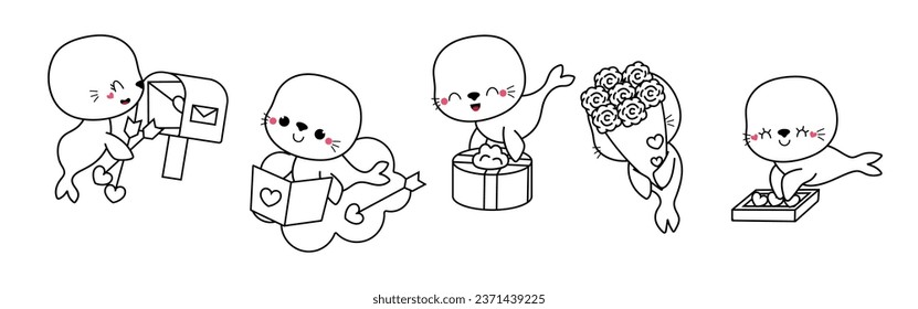 Set of Kawaii Sea Seal Coloring Page Illustrations. Collection of Cute Vector Isolated Animal Outline Illustrations. Cute Vector Animals in Love for Coloring Book 