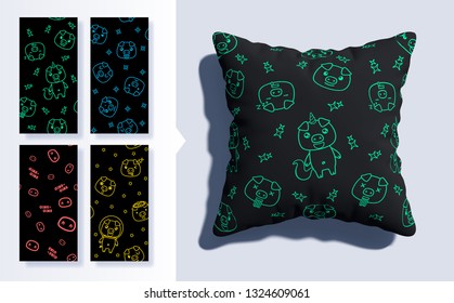 Set of Kawaii seamless pattern with cute pigs. 3d pillow mockup. Vector illustration