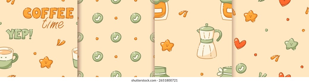 A set of kawaii seamless patterns for a coffee-themed drawn in pastel colors. Includes geyser coffeemaker, jam, star and two texts.