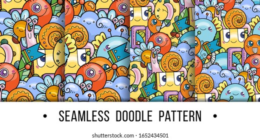 Set of kawaii seamless patterns of friendly doodle monsters,cute and fun variety of colors animals. Vector backgrounds