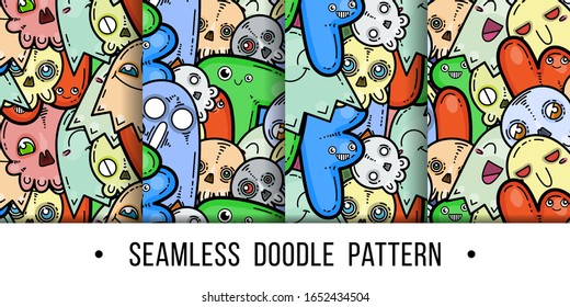 Set of kawaii seamless patterns of friendly doodle monsters,cute and fun variety of colors animals. Vector backgrounds