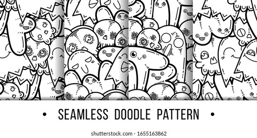 Set of kawaii seamless patterns of friendly doodle monsters,cute and fun variety of colors animals. Vector backgrounds