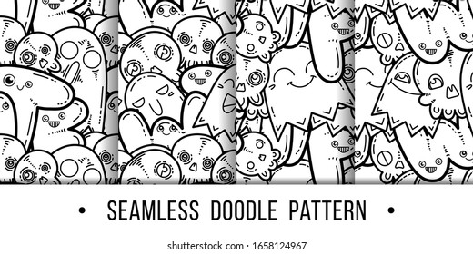 Set of kawaii seamless patterns of friendly doodle monsters,cute and fun variety of colors animals. Vector backgrounds