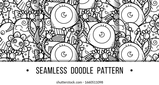 Set of kawaii seamless patterns of friendly doodle monsters,cute and fun variety of colors animals. Vector backgrounds