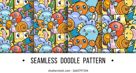 Set of kawaii seamless patterns of friendly doodle monsters,cute and fun variety of colors animals. Vector backgrounds