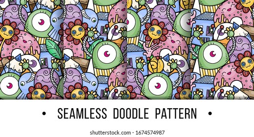 Set of kawaii seamless patterns of friendly doodle monsters,cute and fun variety of colors animals. Vector backgrounds