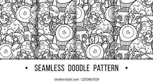 Set of kawaii seamless patterns of friendly doodle monsters,cute and fun variety of colors animals. Vector backgrounds