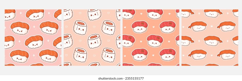 Set of kawaii seamless patterns with sushi with happy face. Cute prints asian food in cartoon style for phone case, backgrounds, fashion, wrapping paper and textile. Vector Illustration