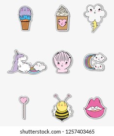 set kawaii shell with ice cream and clouds rainbow with unicorn