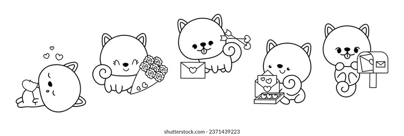 Set of Kawaii Shiba Inu Dog Coloring Page Illustrations. Collection of Cute Vector Isolated Puppy Outline Illustrations. Cute Vector Animals in Love for Coloring Book 