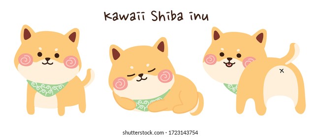 Set of kawaii shiba inu in various poses hand drawn  background.Japanese dog collection.Animal character design.Cute cartoon doodle.Image for card,poster,banner,sticker,kid wear.Vector.Illustration.