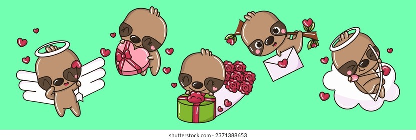 Set of Kawaii Sloth Illustrations. Collection of Cute Vector Isolated Animal Illustrations. Cute Vector Animals in Love 