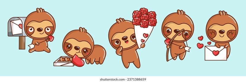 Set of Kawaii Sloth Illustrations. Collection of Cute Vector Isolated Animal Illustrations. Cute Vector Animals in Love 