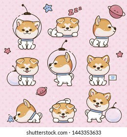 Set Kawaii Smile Japanese Dog Akita Inu Cartoon. Funny Stickers with Animals. Dog is Sleeping, Walking, Thinking, Sniffing, Exploring. On Head Dog is Wearing Cosmonauts Transparent Helmet.