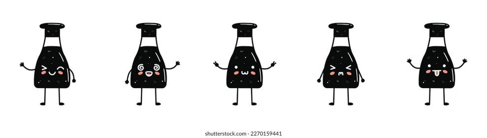 Set of kawaii soy sauce bottle mascots in cartoon style. Cute hand drawn asian food for menu