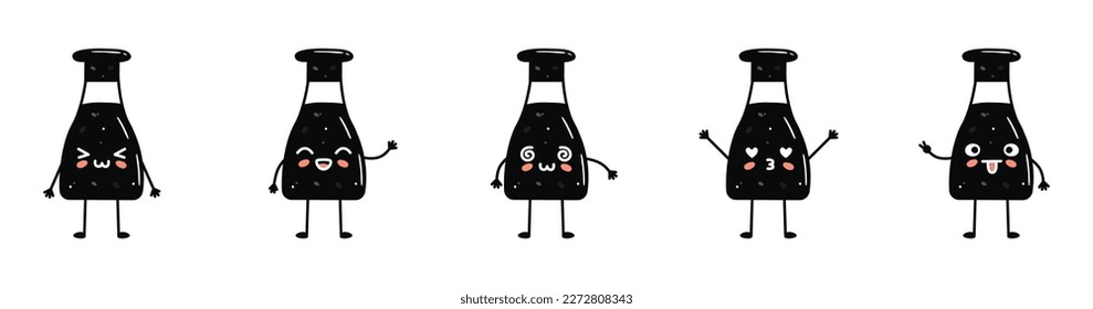 Set of kawaii soy sauce bottle mascots in cartoon style. Cute hand drawn asian food for menu