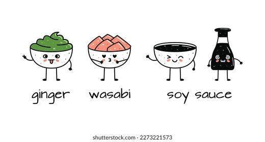 Set of kawaii soy sauce bottle, ginger and wasabi bowls mascots in cartoon style. Cute hand drawn asian food for menu