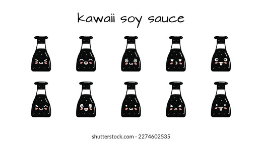 Set of kawaii soy sauce bottle mascots in cartoon style. Cute hand drawn asian food for menu