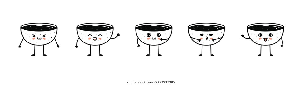 Set of kawaii soy sauce bowl sushi mascots in cartoon style. Cute hand drawn asian food for menu