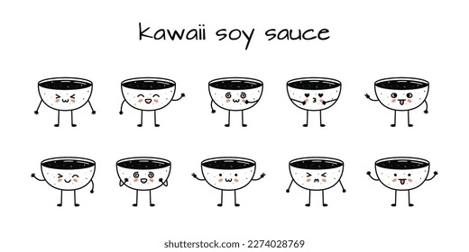 Set of kawaii soy sauce bowl sushi mascots in cartoon style. Cute hand drawn asian food for menu