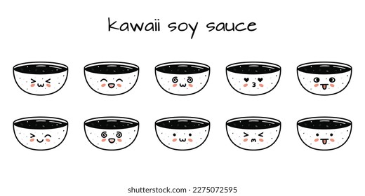 Set of kawaii soy sauce bowl sushi mascots in cartoon style. Cute hand drawn asian food for menu