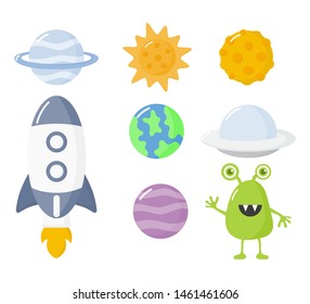 set of kawaii space icons. planets cartoon style. isolated on white background. vector illustration.