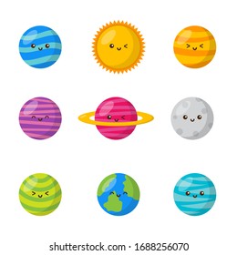 Set Of Kawaii Space Icons. Planets Cartoon Style. Isolated On White Background. Vector Illustration.