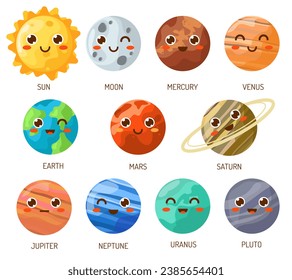 set of kawaii space icons. planets cartoon style. isolated on white background. vector illustration.