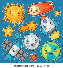 Set kawaii space objects. Doodles with pretty facial expression. Illustration of cartoon sun, earth, moon, rocket and celestial bodies.