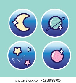 Set of kawaii space themed stickers 