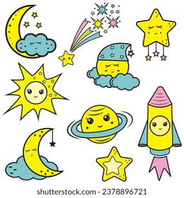 Un conjunto de vectores espaciales kawaii - cometa, planeta, luna, sol, cohete, estrella, nube. Ilustración vectorial en estilo de caricatura