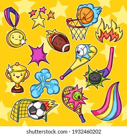 Set of kawaii sport items. Cute funny characters. Illustration for competition and tournament.