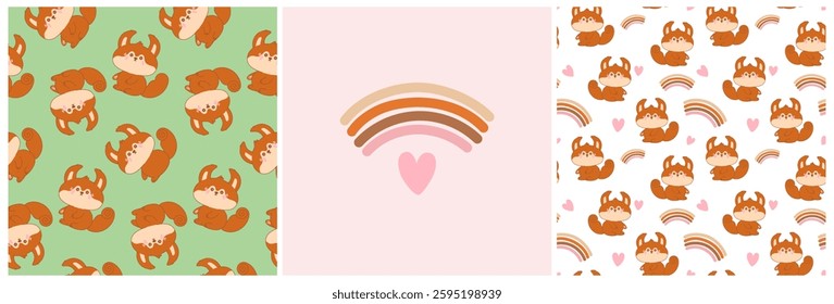 Set of Kawaii squirrel seamless pattern with rainbow and hearts. Adorable baby squirrel in soft pastel colors. For children's products, textiles and prints. Vector illustration in modern cartoon style