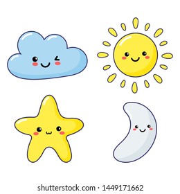set of kawaii stars, moon, sun and clouds isolated on white background. baby cute pastel colors. vector Illustration.