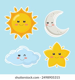 Conjunto de estrellas kawaii, luna, sol y nubes. Carácter lindo