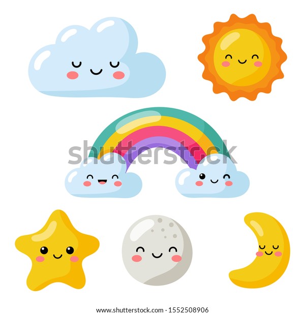Conjunto De Estrellas Kawaii Luna Sol Arco Iris Y Nubes Aisladas En Fondo Blanco Los Colores Pastel Son Adorables Ilustracion Vectorial