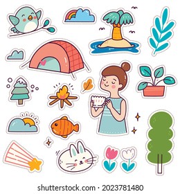 Set of Kawaii Sticker, Cute Camping Girl Patches Design 