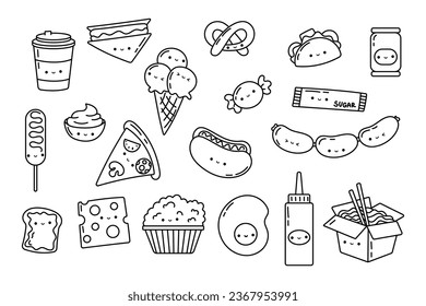 Set Kawaii Sticker Fast Food Coloring Page. Collection of Cute Kawaii Fast Food Illustrations Outline. Vector Illustration of a Kawaii Food for Coloring Page, Coloring Book, Prints for Clothes.