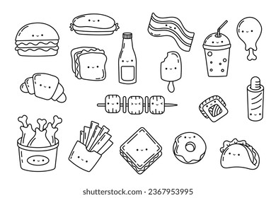 Set Kawaii Sticker Fast Food Coloring Page. Collection of Cute Kawaii Fast Food Illustrations Outline. Vector Illustration of a Kawaii Food for Coloring Page, Coloring Book, Prints for Clothes.