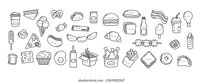 Set Kawaii Sticker Fast Food Coloring Page. Collection of Cute Kawaii Fast Food Illustrations Outline. Vector Illustration of a Kawaii Food for Coloring Page, Coloring Book, Prints for Clothes.