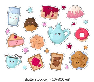Set of kawaii sticker or patch with food - sweets or desserts, cute isolated characters on white backgriund. Donut, cake, toast, milk, tea or coffee. Vector flat