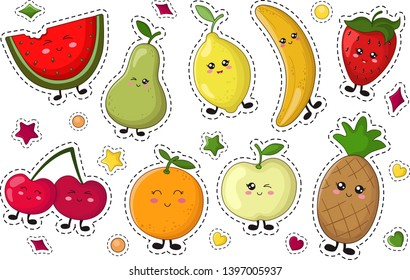 Set of kawaii sticker or patch with food - lemon fruit, apple, pineapple, orange, berry. Isolated elements on white background, flat style. Cute characters, vector illustration