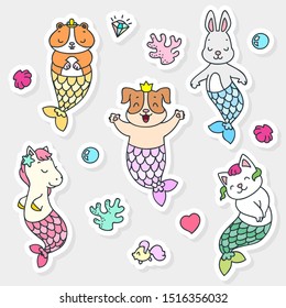 Set of kawaii stickers with animal mermaids. Hand drawn illustration. Vector 8 EPS.