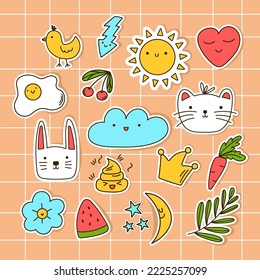 Set kawaii stickers. Cartoon elements for scrapbooking. Vector doodle stickers on a colored background