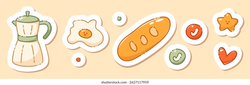 A set of kawaii stickers for a coffee-themed diary planner drawn in pastel colors. Includes an eggwith a cute smile, geyser coffeemaker, heart, check marks, bread and a star.