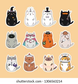 Set of kawaii stickers with fat cats, unicorn, sailor, pirate, witch, princess, superhero, astronaut, detective, ninja. Isolated objects Hand drawn vector illustration Design concept kids print