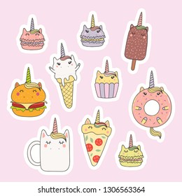 Set of kawaii stickers with foods with unicorn horn, ears, macarons, pizza, burger, ice cream, cupcake, donut, coffee. Isolated objects. Hand drawn vector illustration. Design concept kids print