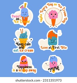 Set of kawaii stickers ice cream lettering style hand drawn  